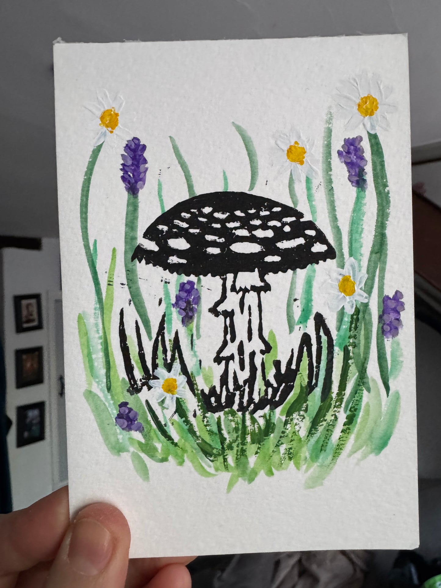 Mushroom Toadstool Lino Print with handpainted florals Set