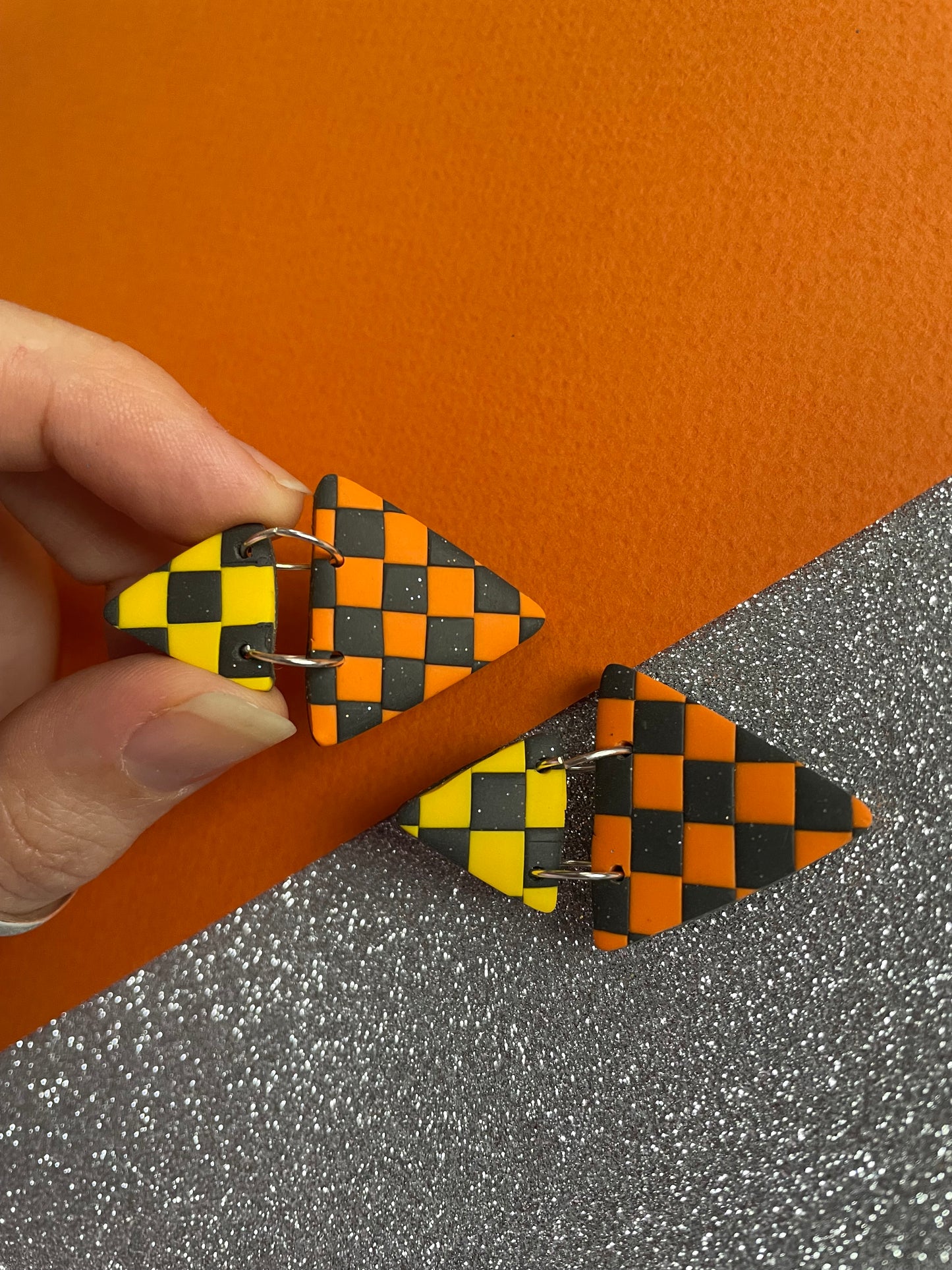 Autumnal triangle checkerboard orange and yellow Earrings
