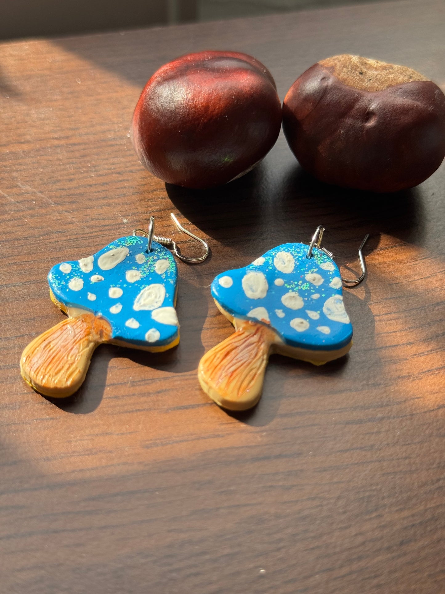 Blue Toadstool Hand Painted Sparkle Mushroom Earrings