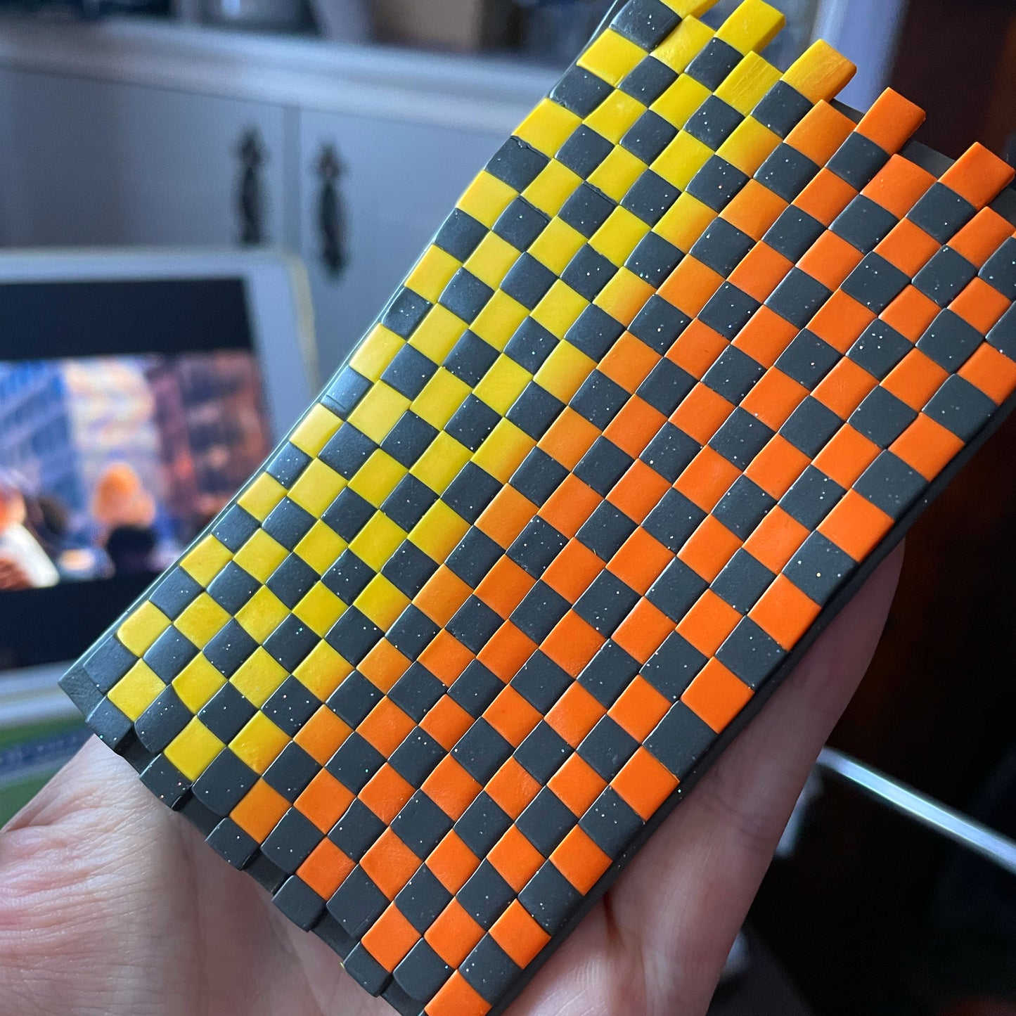 Autumnal triangle checkerboard orange and yellow Earrings