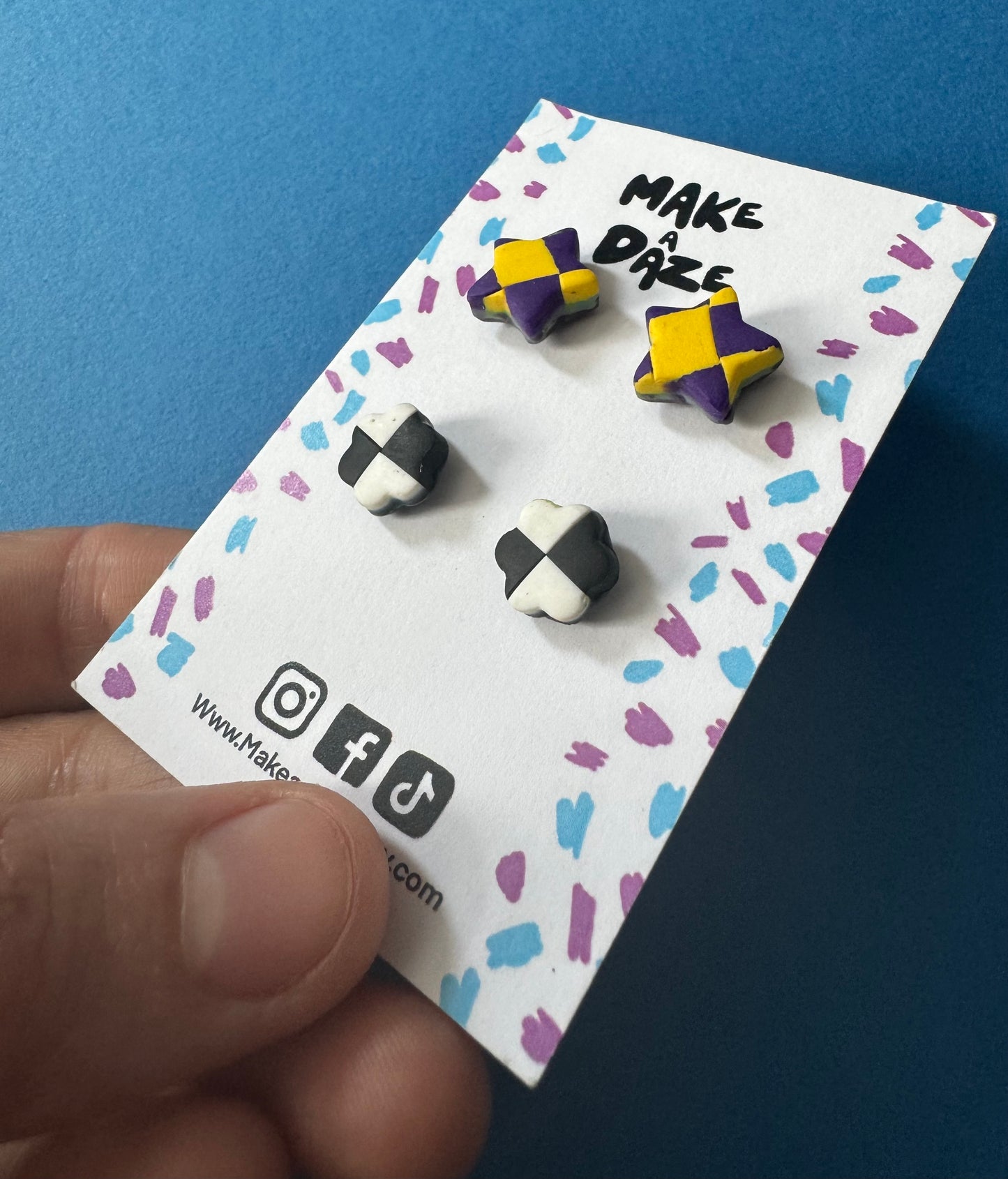 Stud Earring Twin Pack: Star and Flower Checkerboard Set
