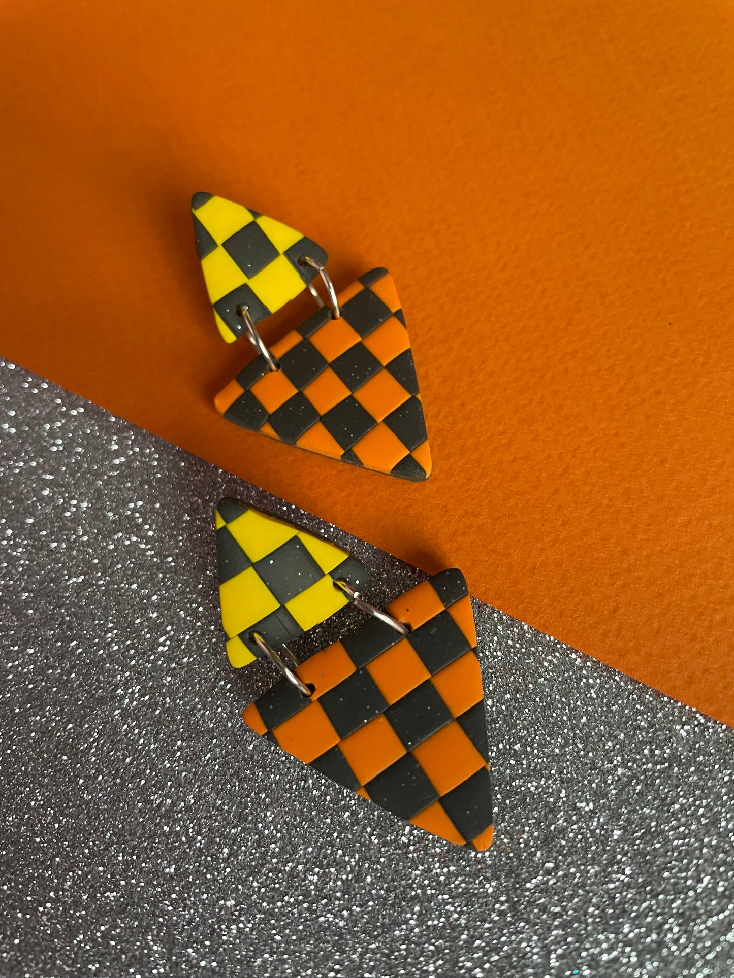 Autumnal triangle checkerboard orange and yellow Earrings