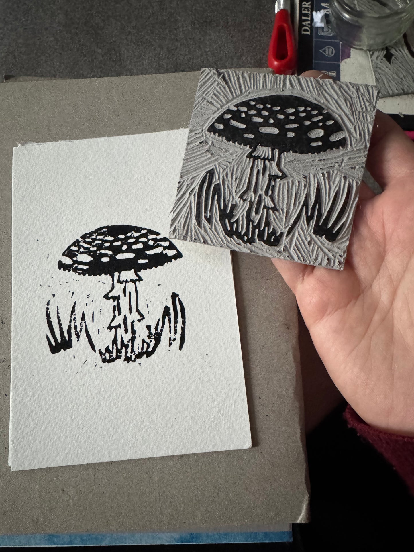 Mushroom Toadstool Lino Print with handpainted florals Set