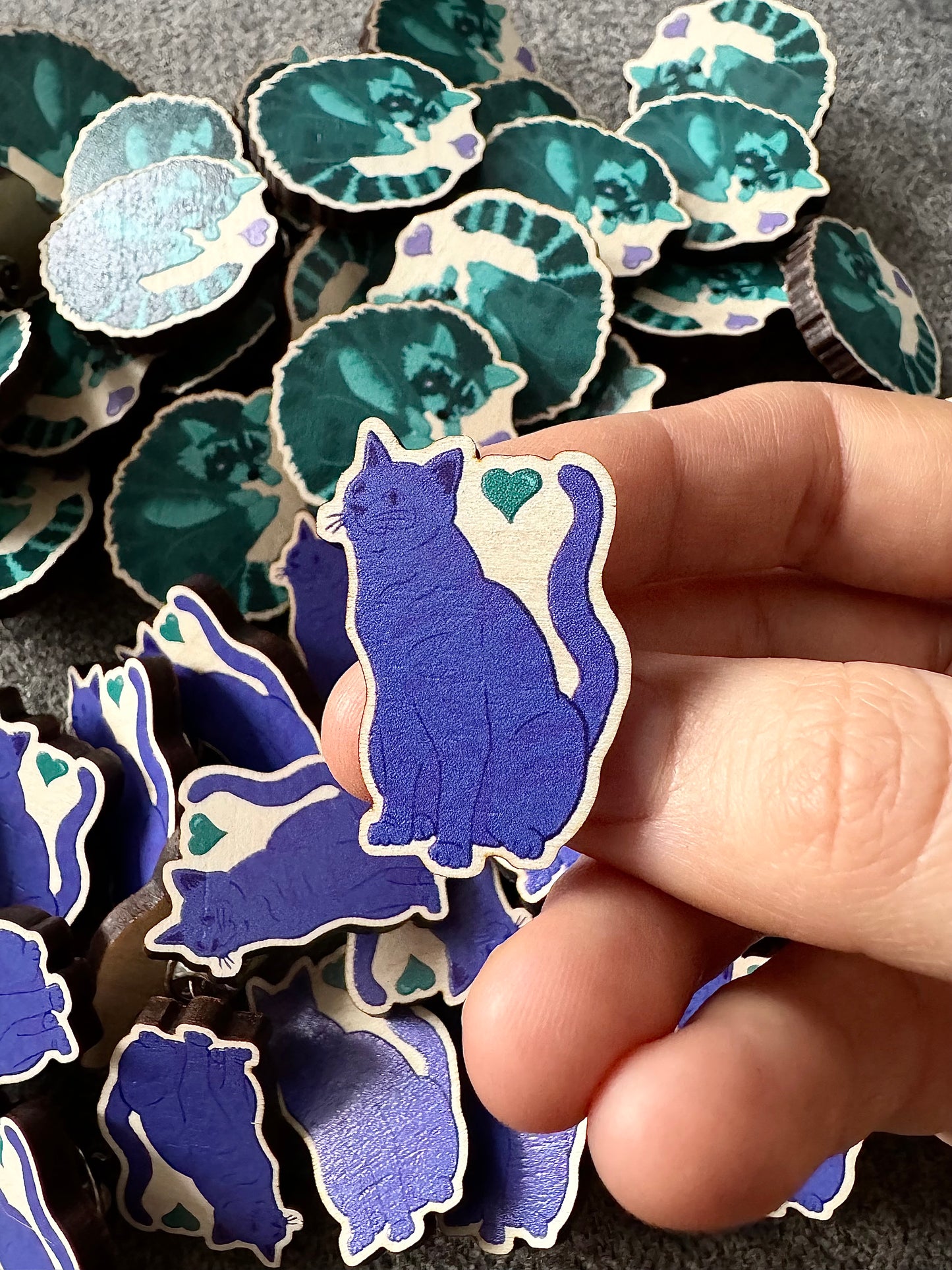 Purple Love Cat Wooden Illustrated Pin