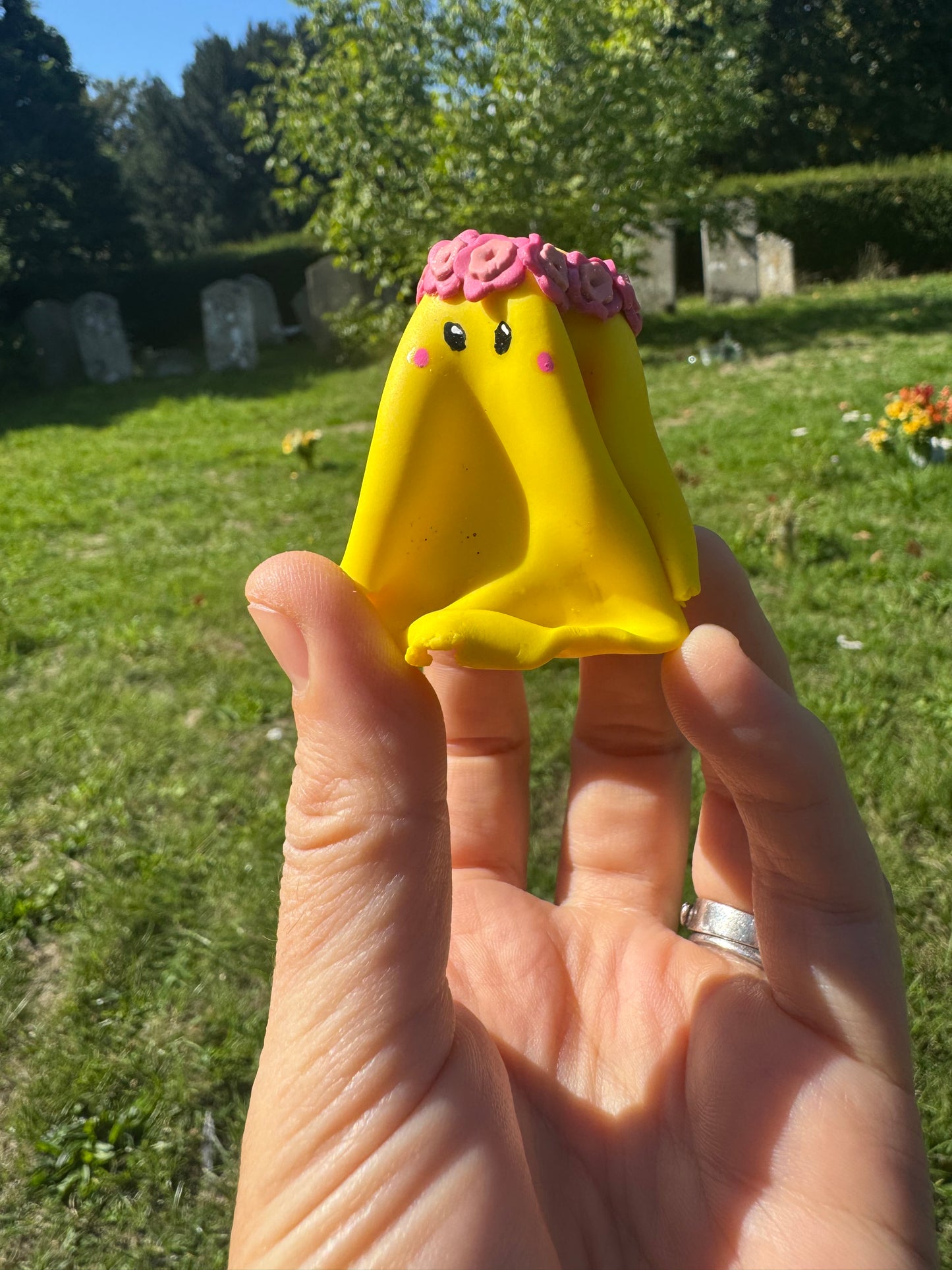 Ghost Buddy Figure: Yellow with Pink Flower Crown