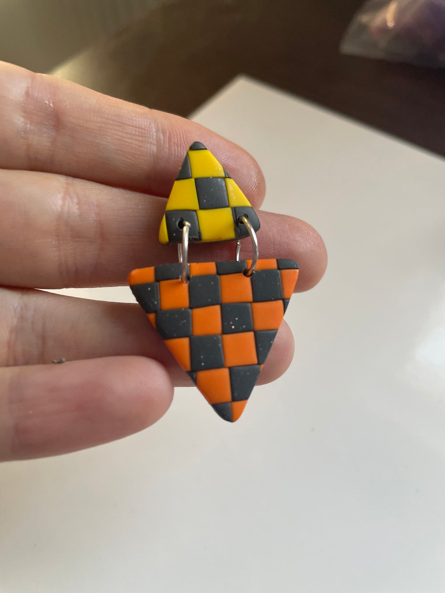 Autumnal triangle checkerboard orange and yellow Earrings