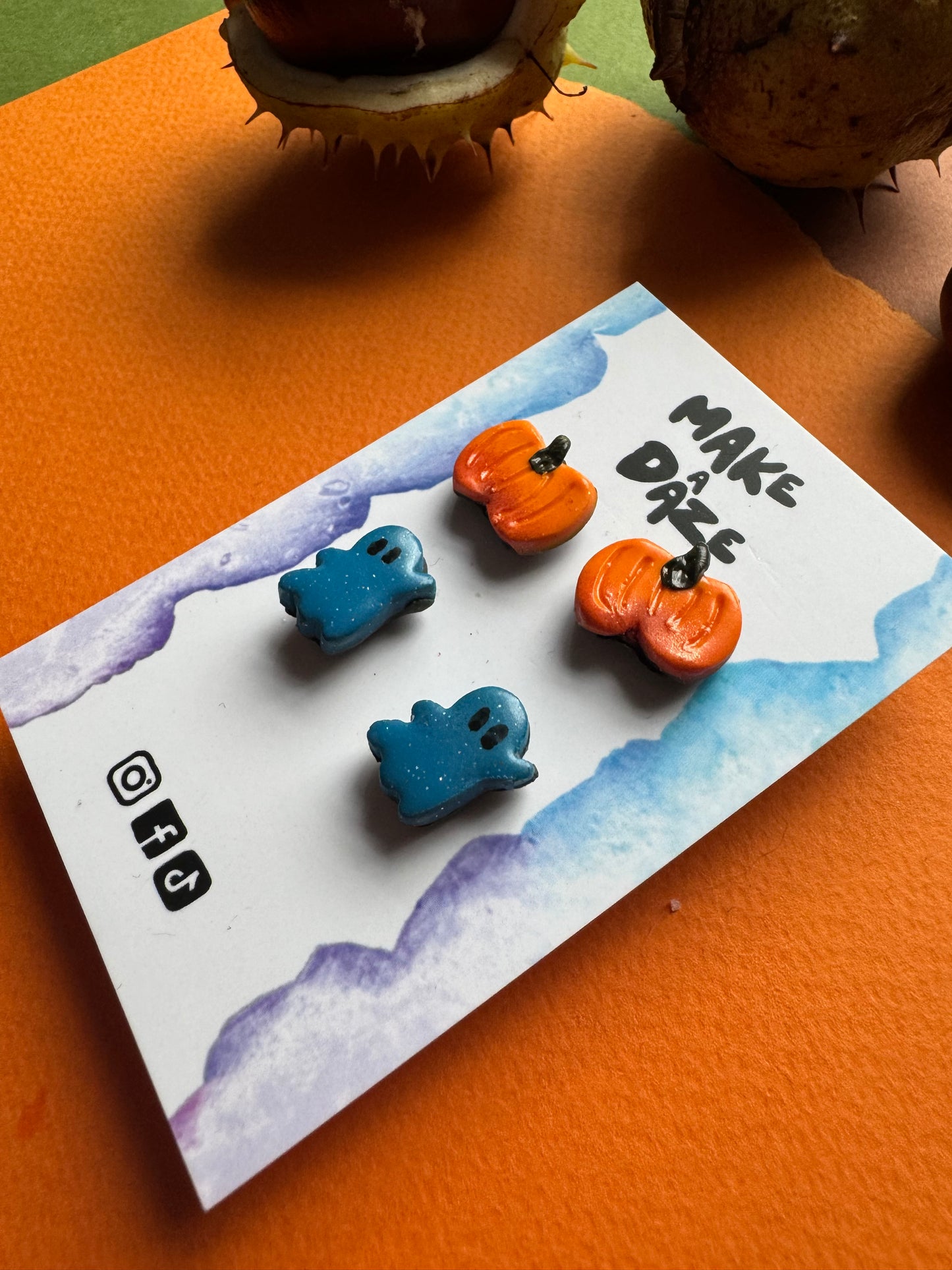 Blue Ghost and pumpkin studs Earring set