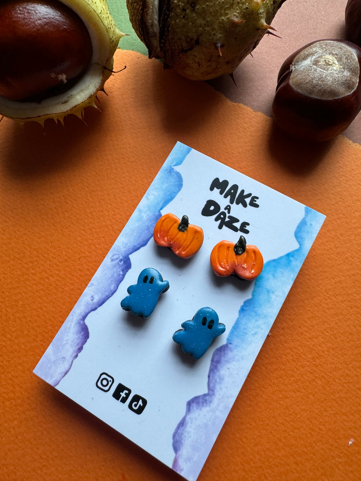 Blue Ghost and pumpkin studs Earring set