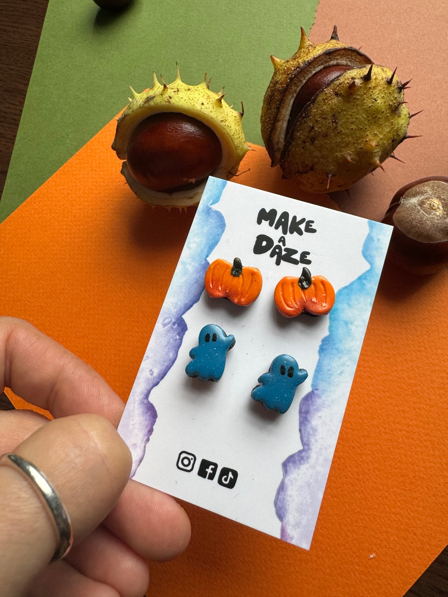 Blue Ghost and pumpkin studs Earring set