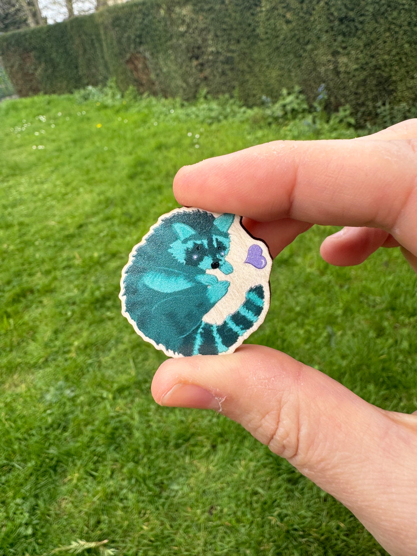 Teal Raccoon Wooden Illustrated Pin