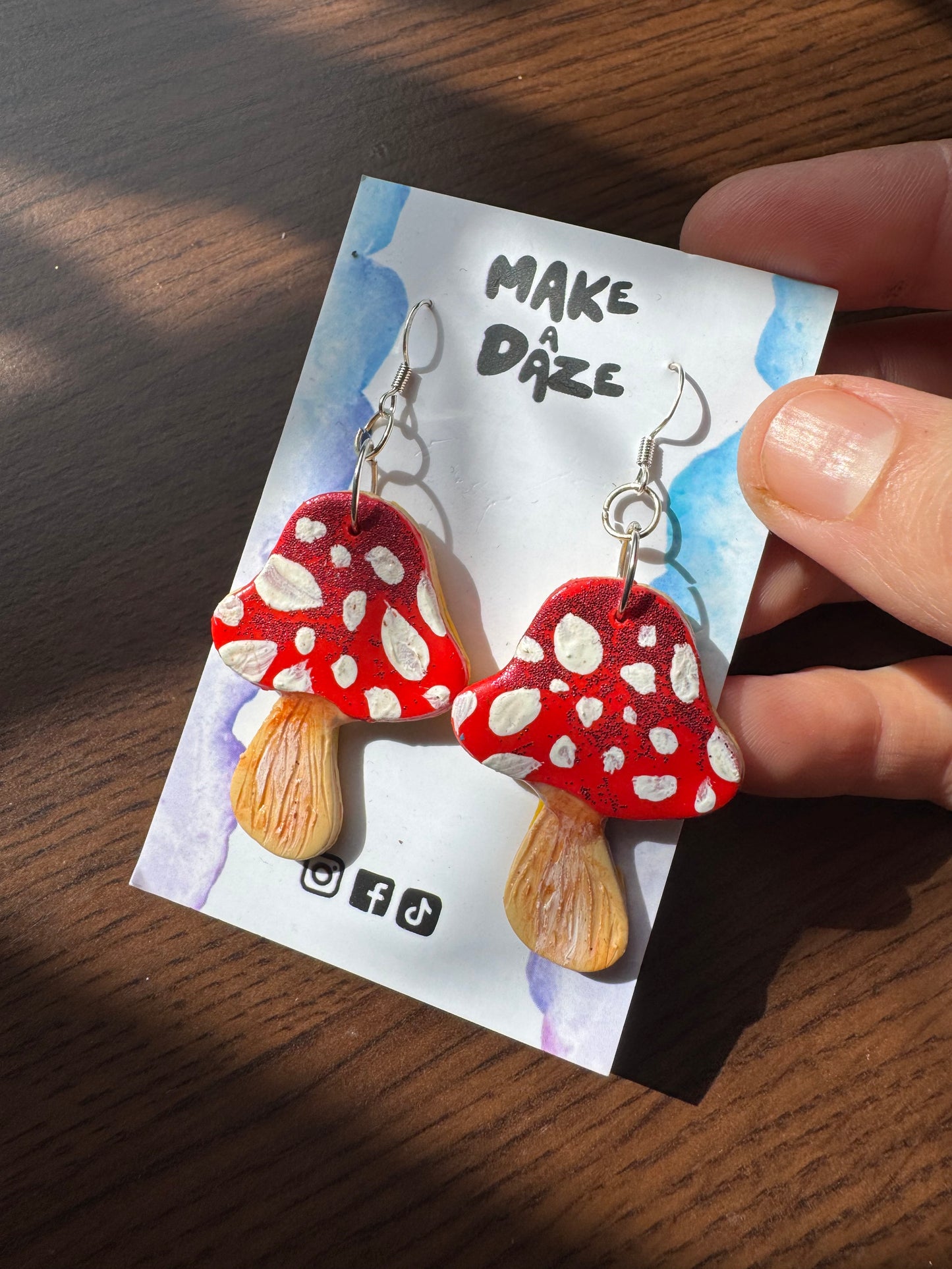 Red Toadstool Hand Painted Sparkle Mushroom Earrings