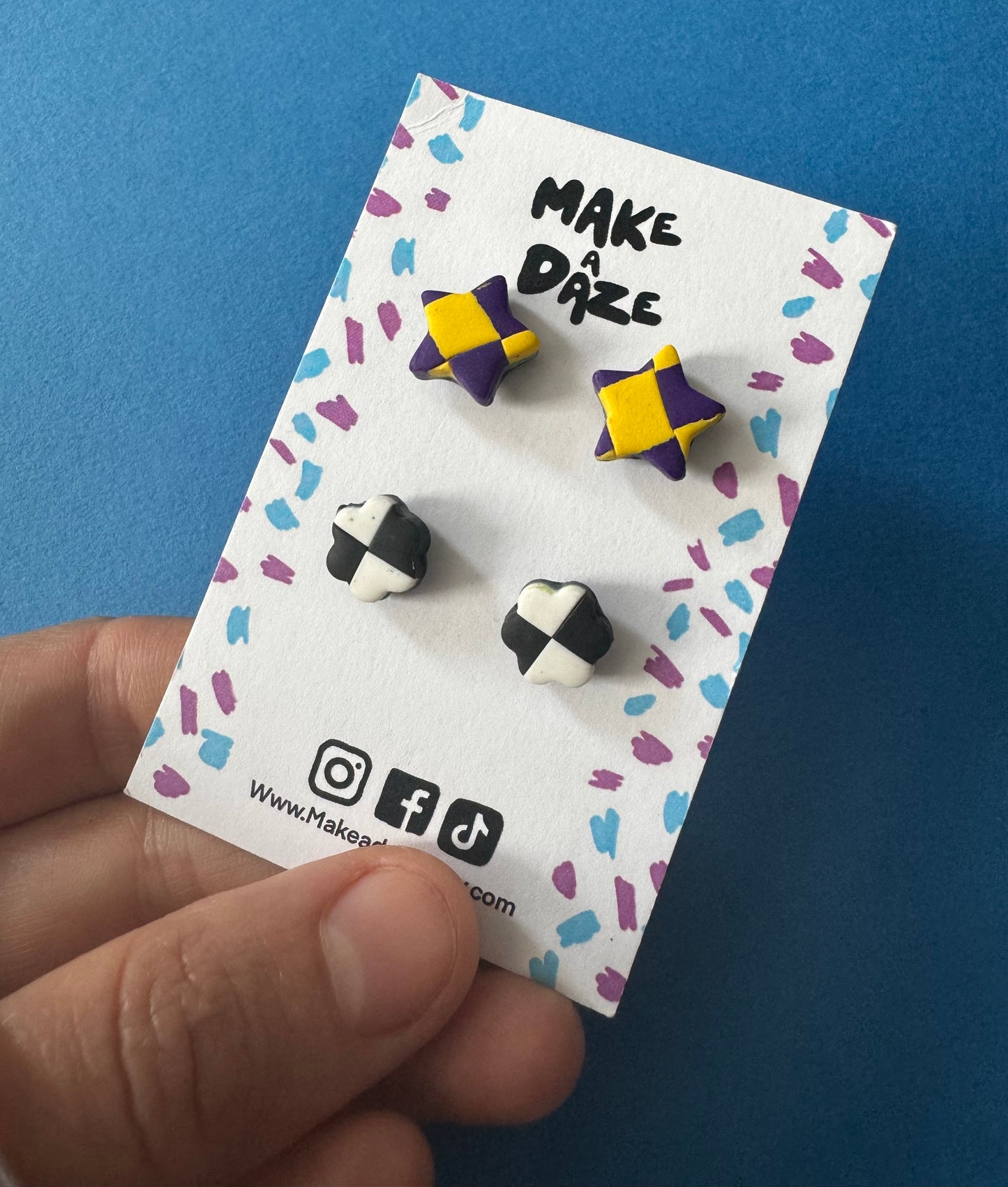 Stud Earring Twin Pack: Star and Flower Checkerboard Set