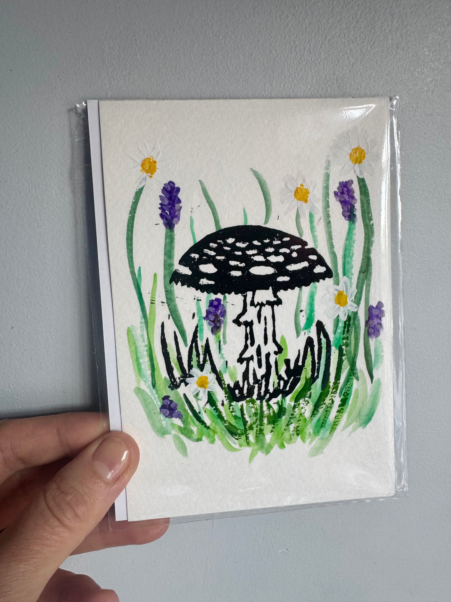 Mushroom Toadstool Lino Print with handpainted florals Set