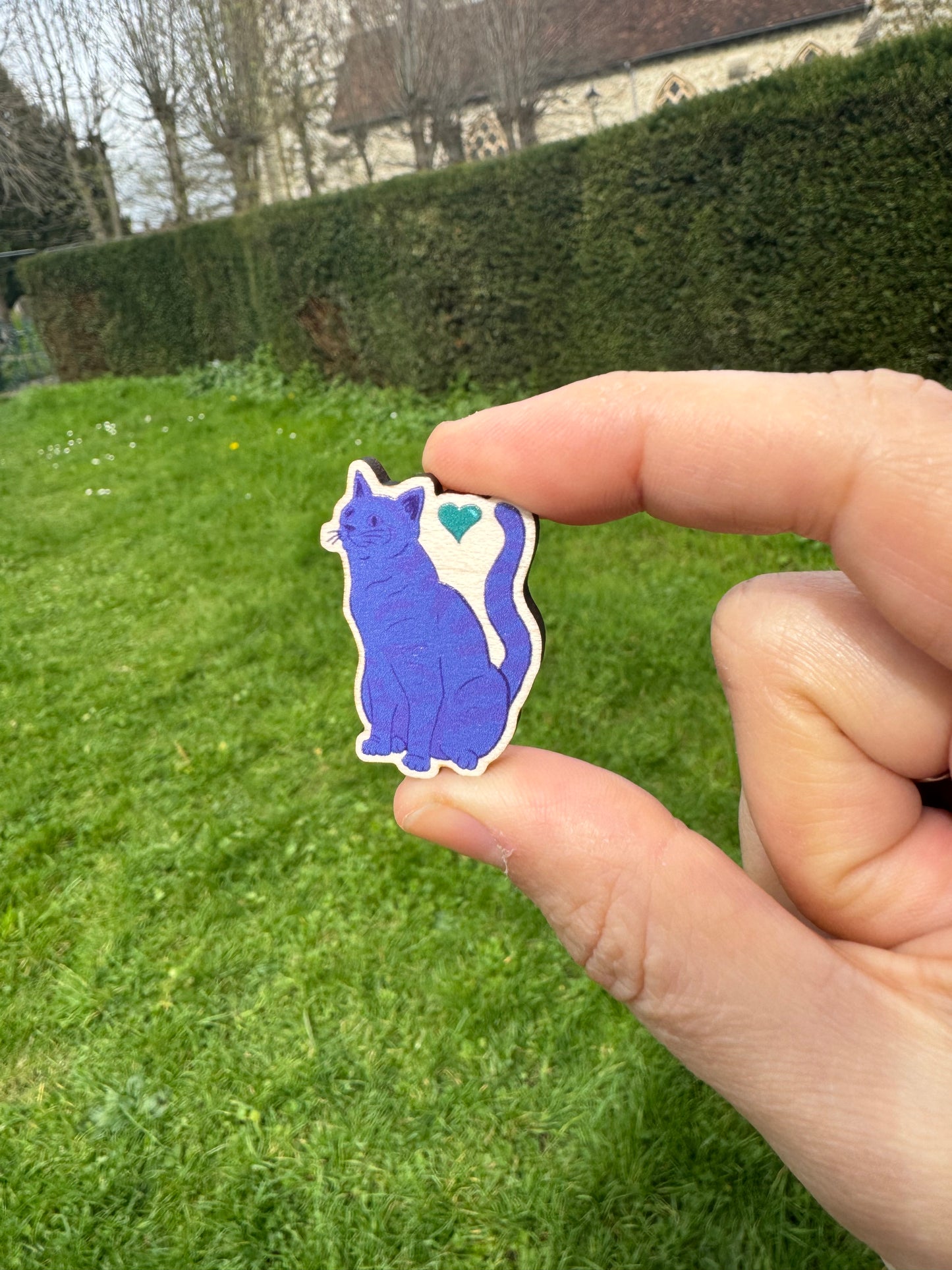 Purple Love Cat Wooden Illustrated Pin