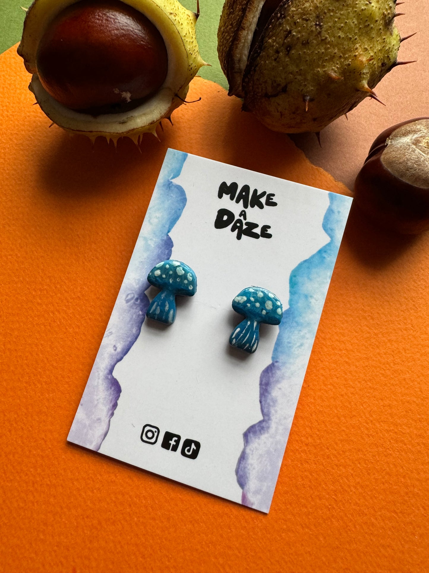 Mini Hand painted Blue Mushroom Stud Sets