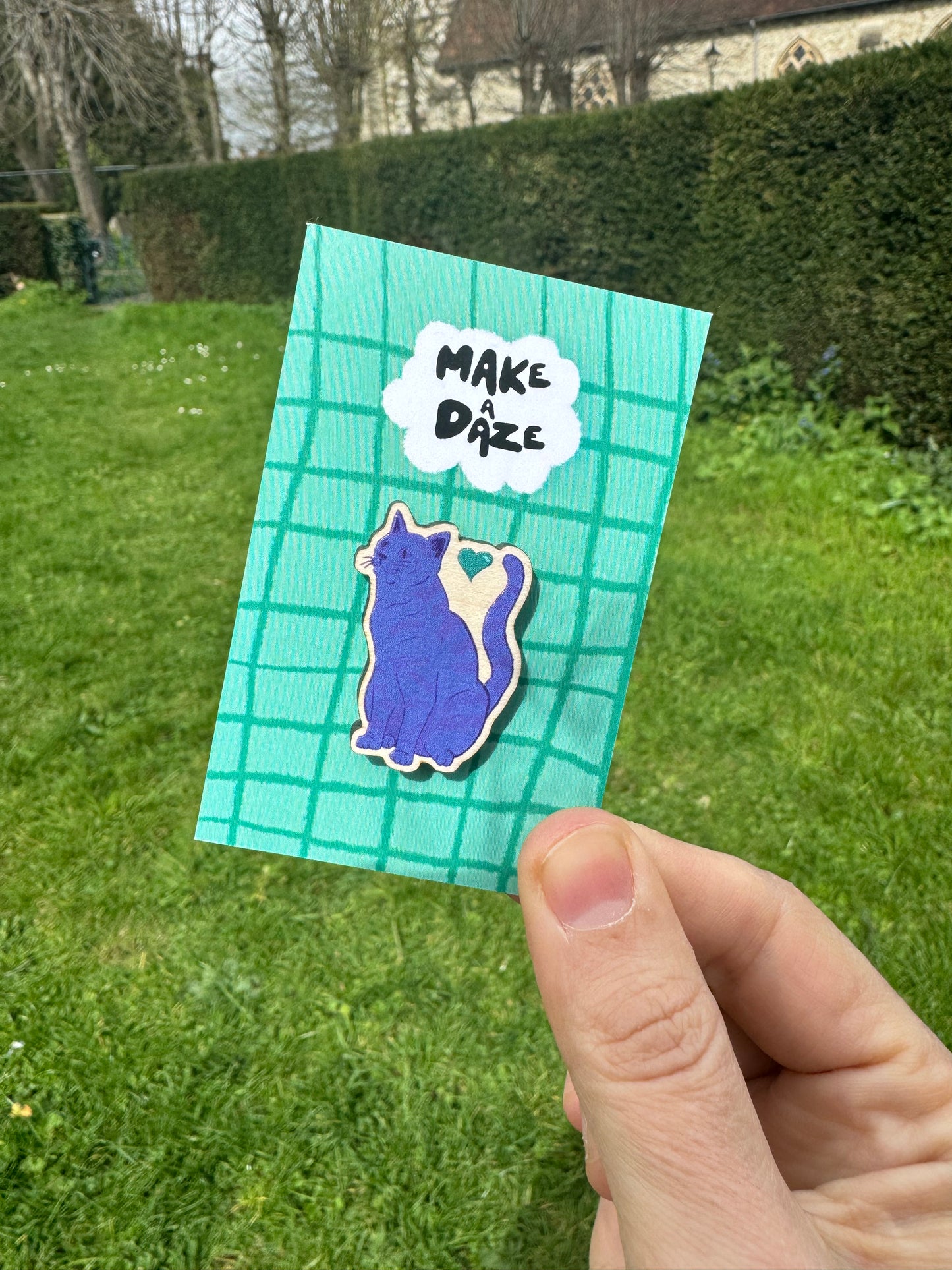 Purple Love Cat Wooden Illustrated Pin
