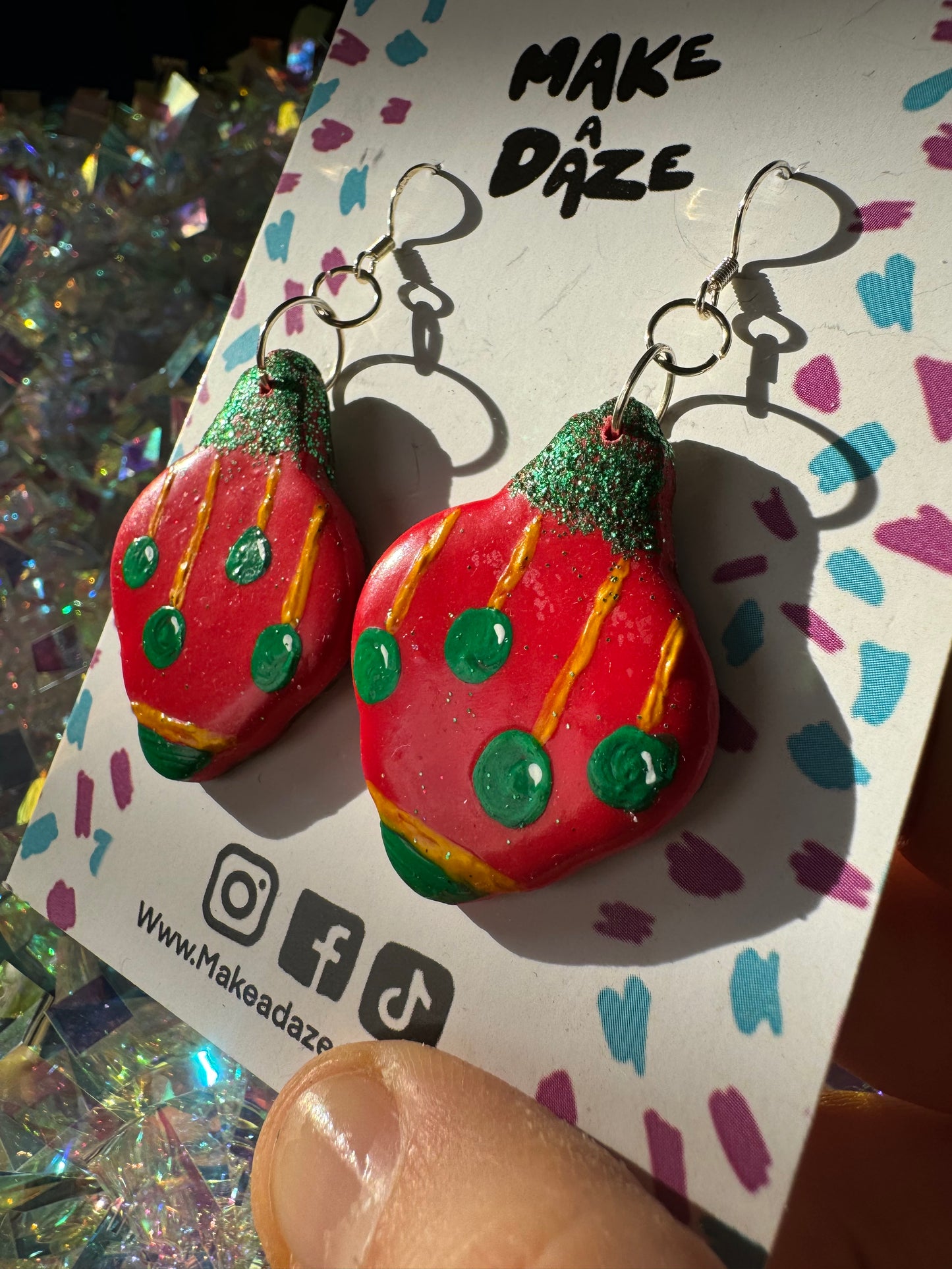 Red and Green Bauble Christmas Hand-painted Earrings