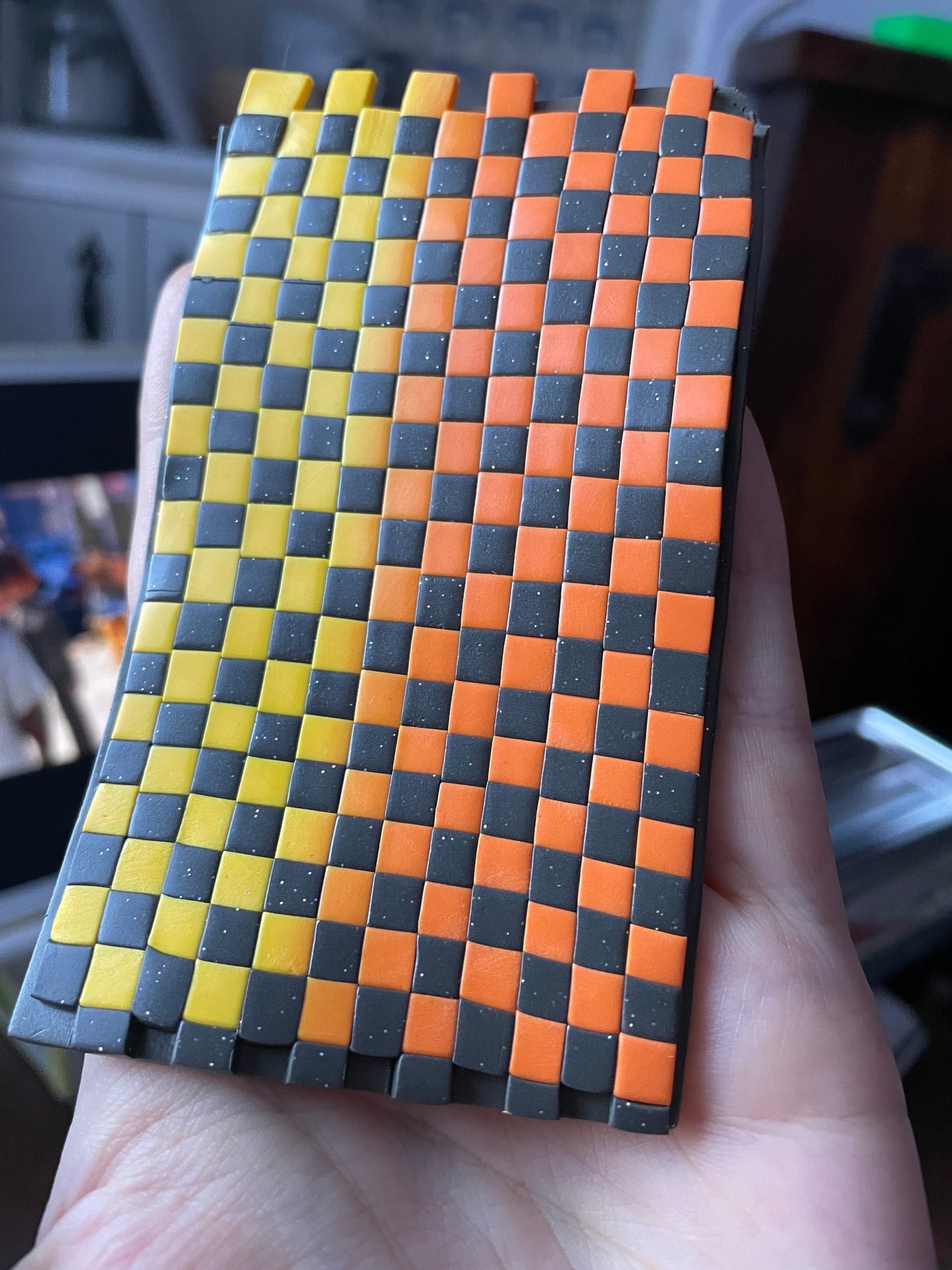 Autumnal triangle checkerboard orange and yellow Earrings
