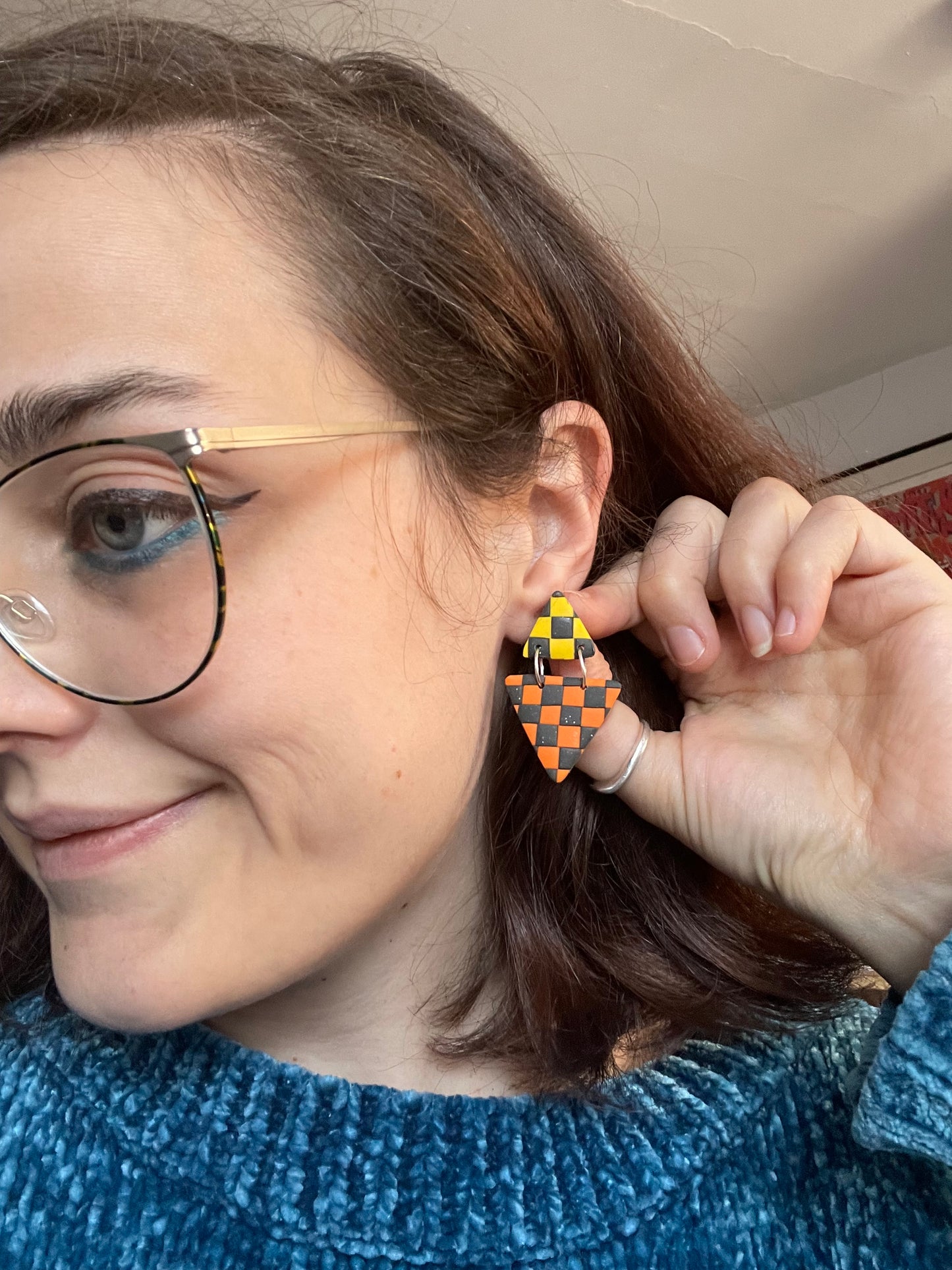 Autumnal triangle checkerboard orange and yellow Earrings