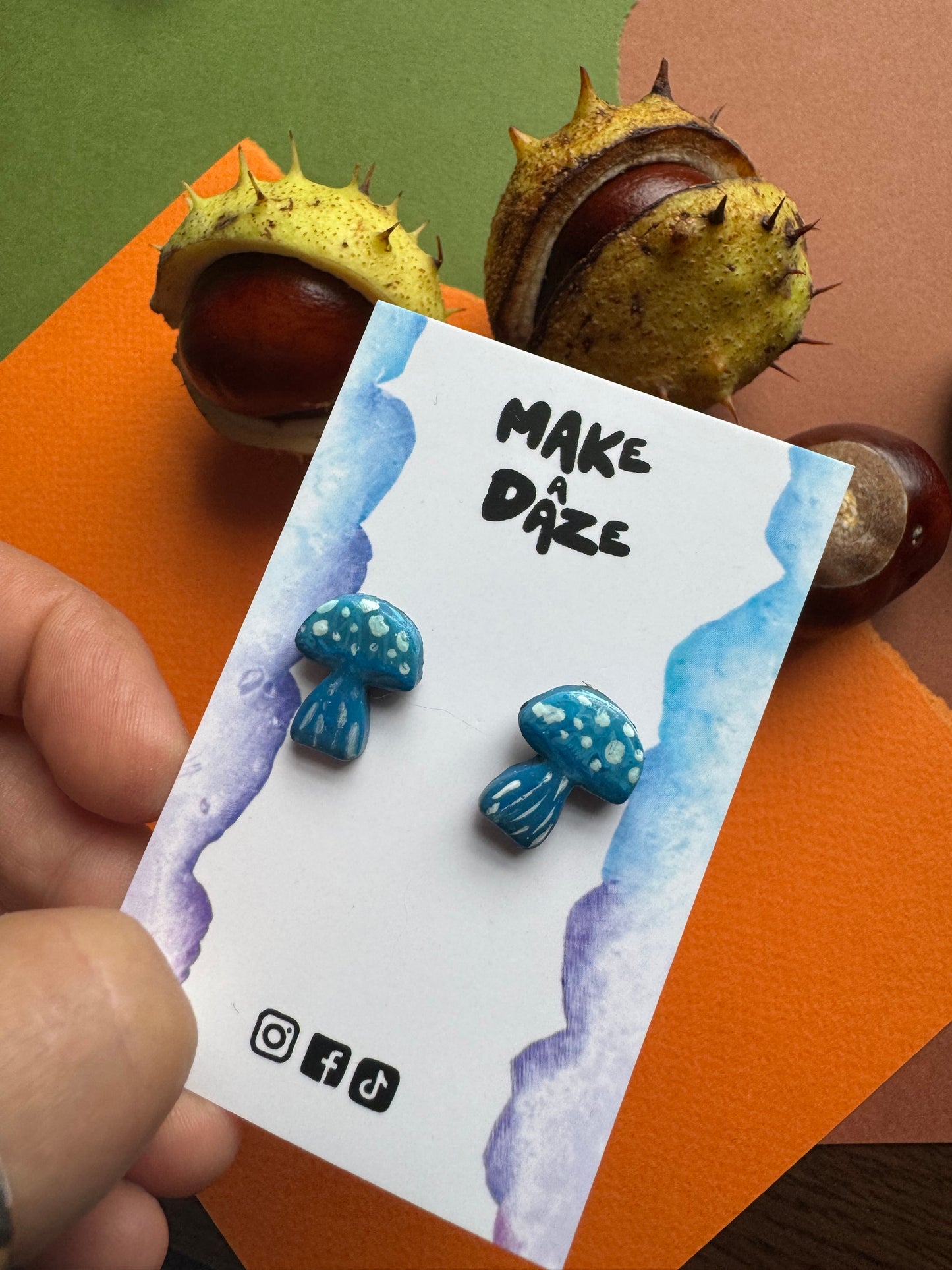 Mini Hand painted Blue Mushroom Stud Sets