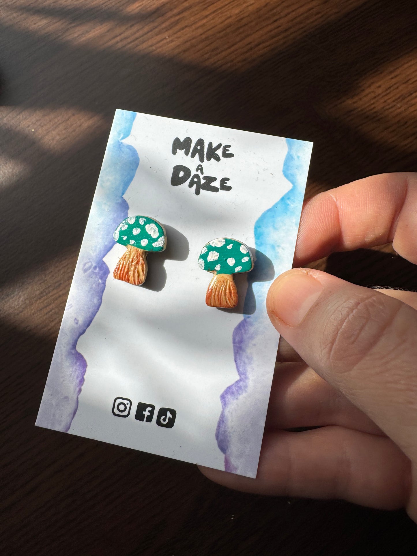 Mini Hand painted Green Teal Mushroom Stud Sets
