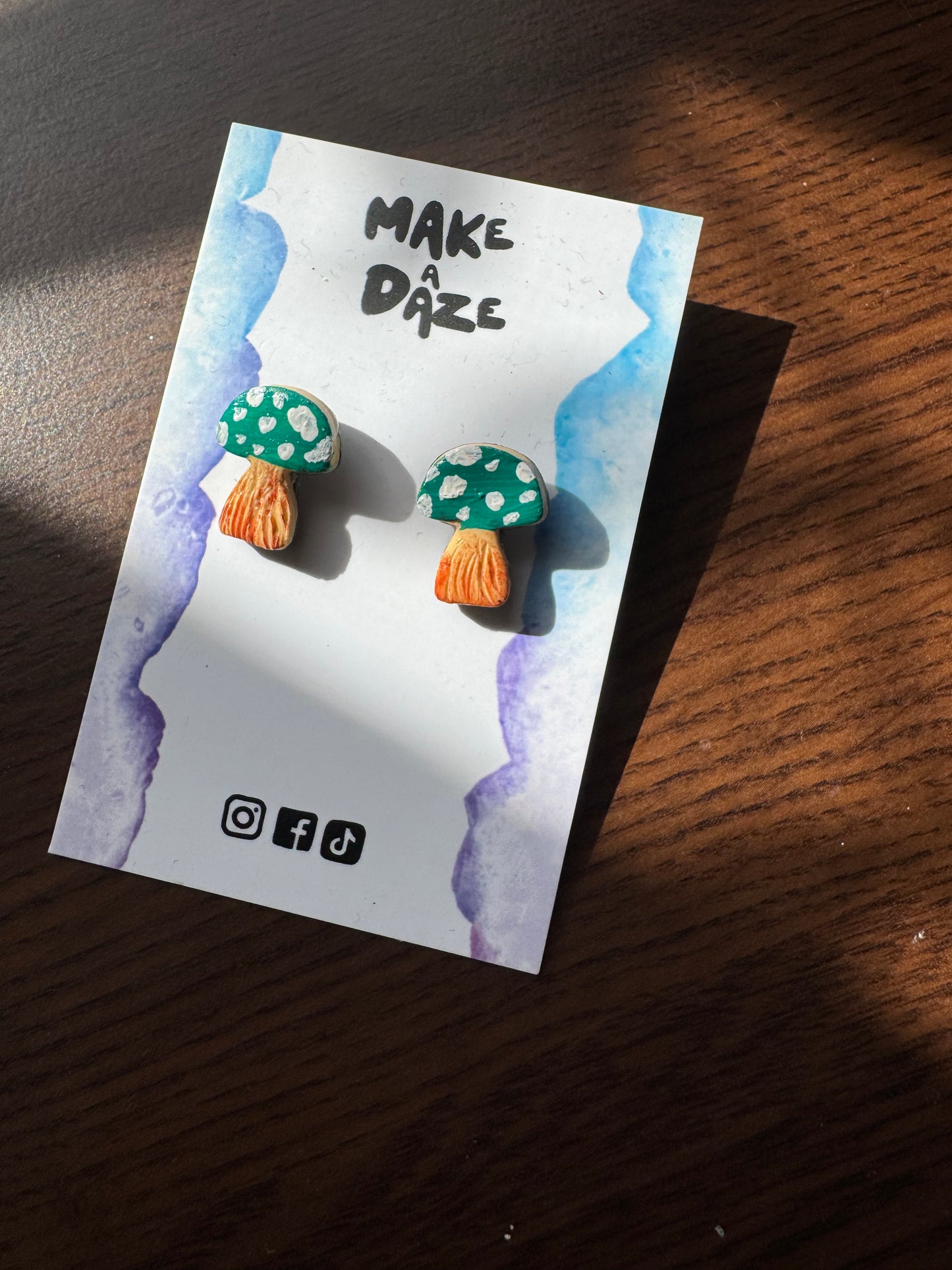 Mini Hand painted Green Teal Mushroom Stud Sets