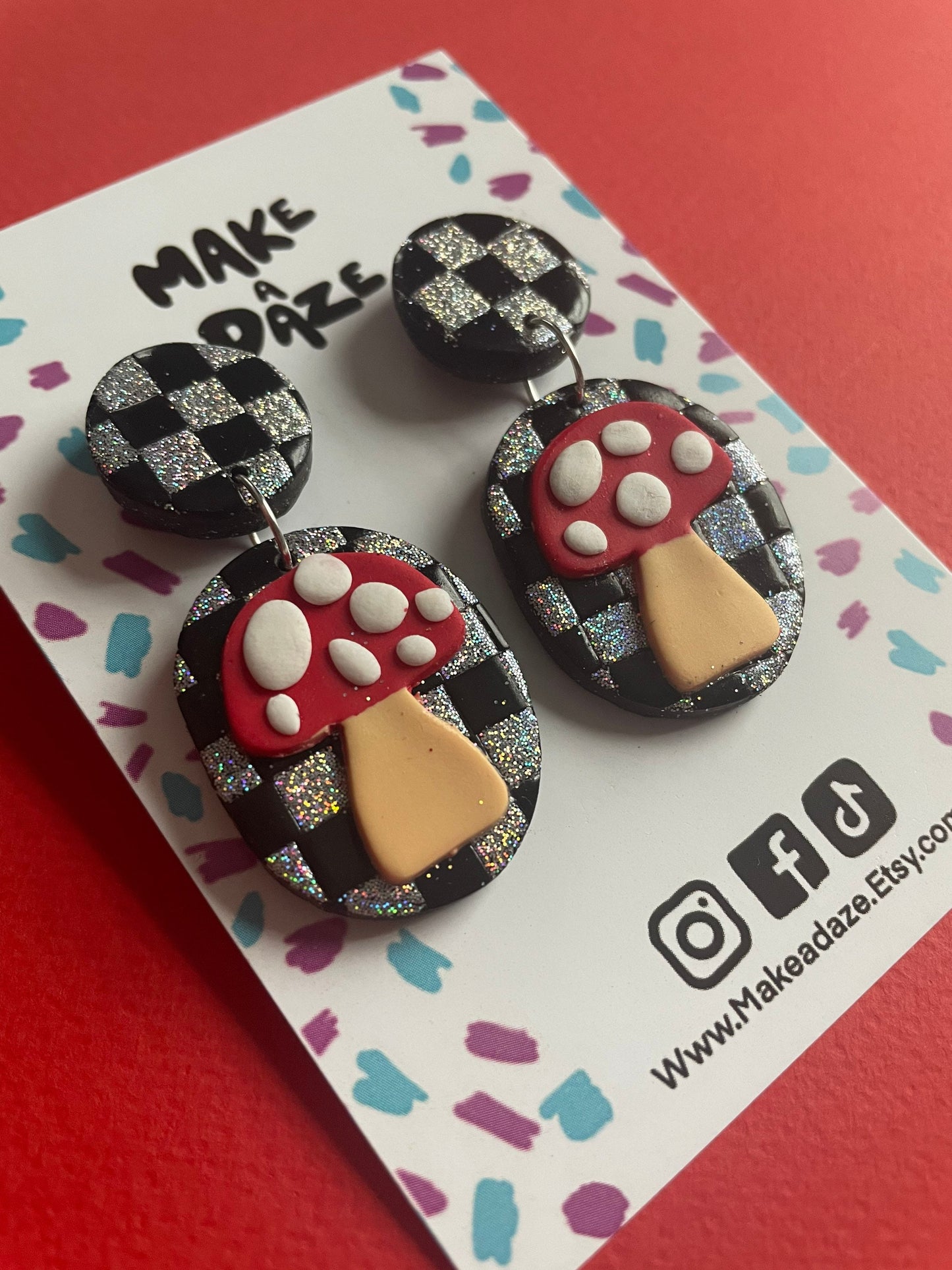 Checkerboard Glitter Toadstool Earrings