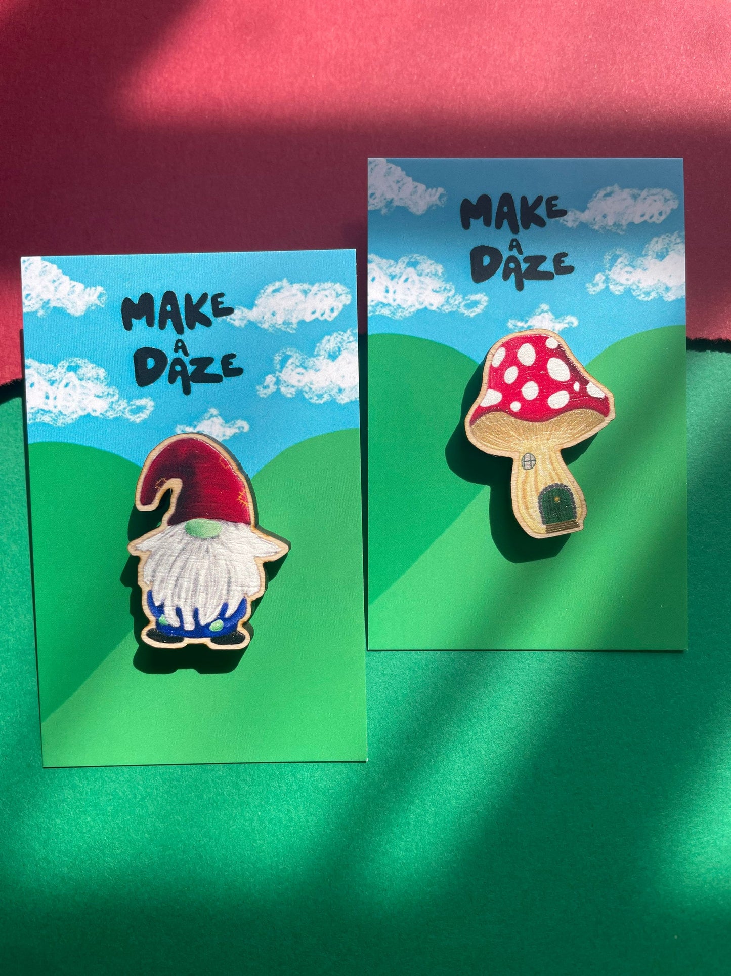 Wooden Gnome Illustrated Pins