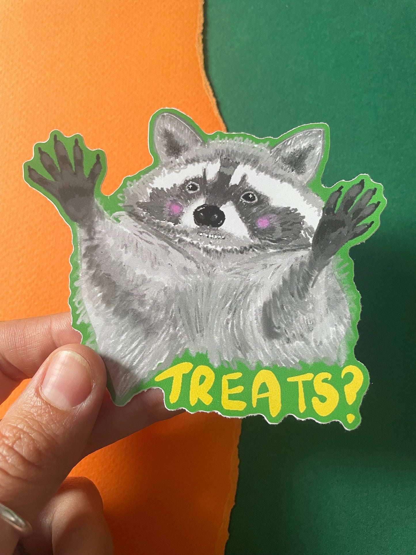 Racoon “Treats?” Vinyl Sticker, Trash Panda Art