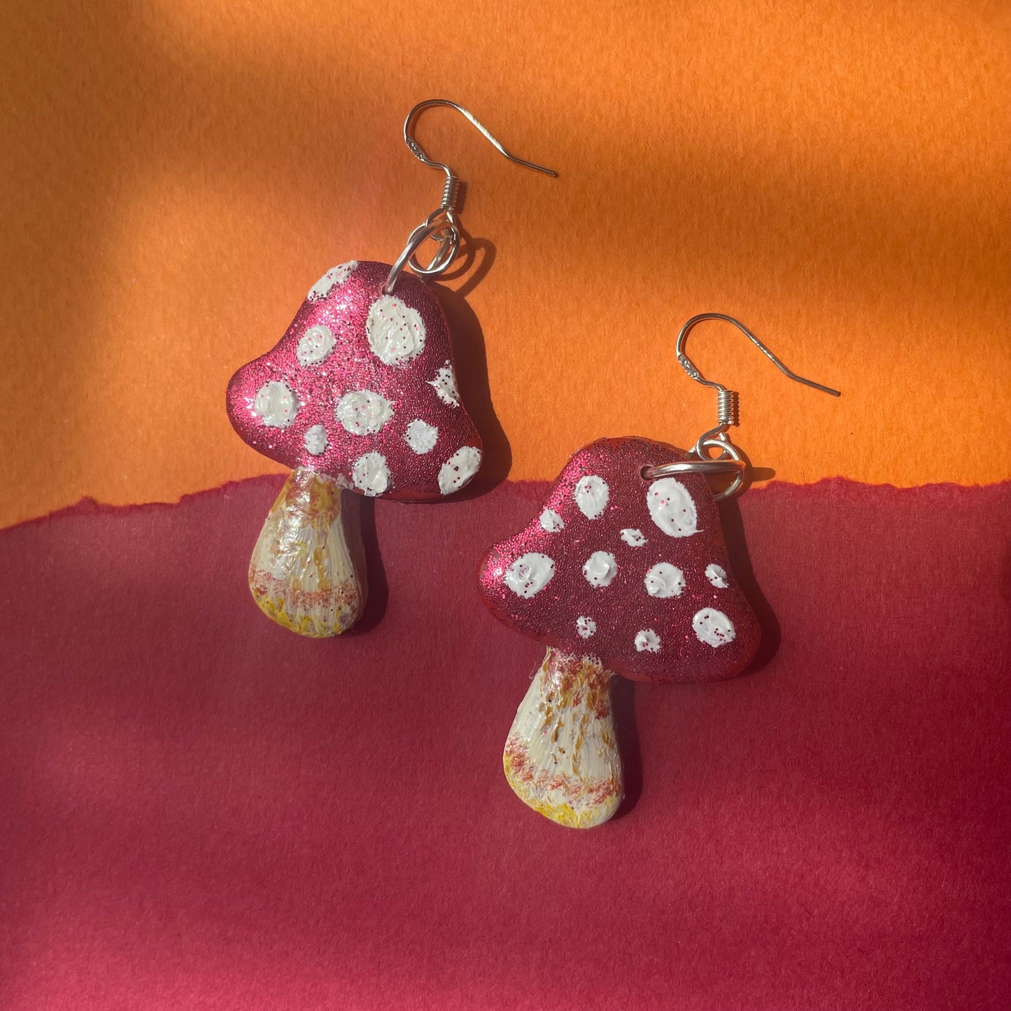 Glitter Painted Mushroom Earrings