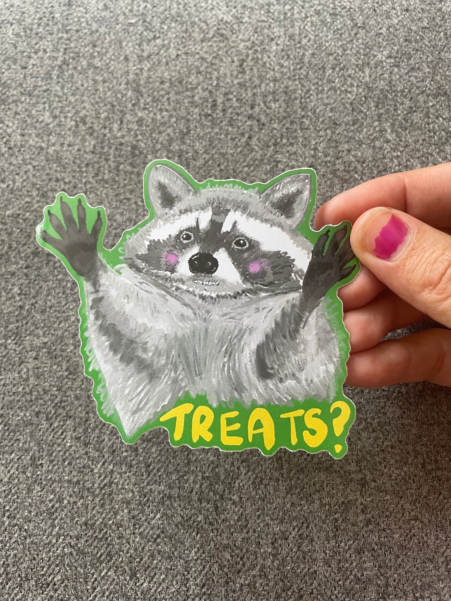 Racoon “Treats?” Vinyl Sticker, Trash Panda Art