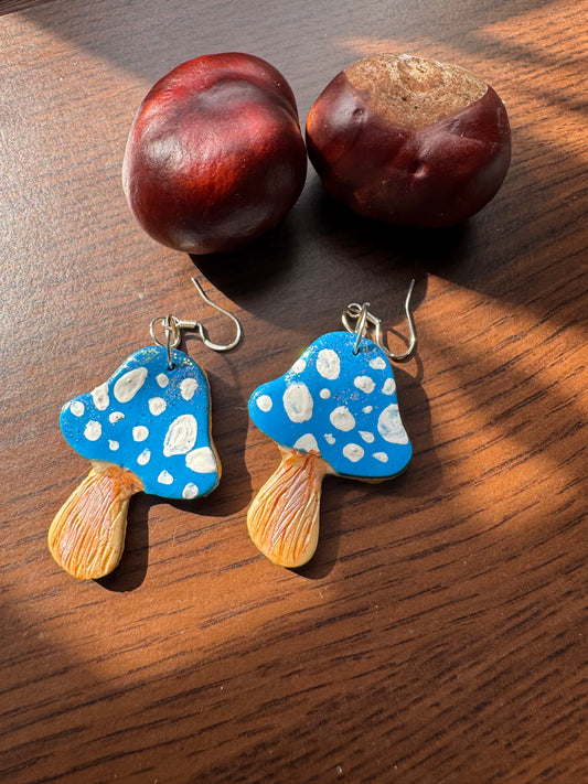 Blue Toadstool Hand Painted Sparkle Mushroom Earrings