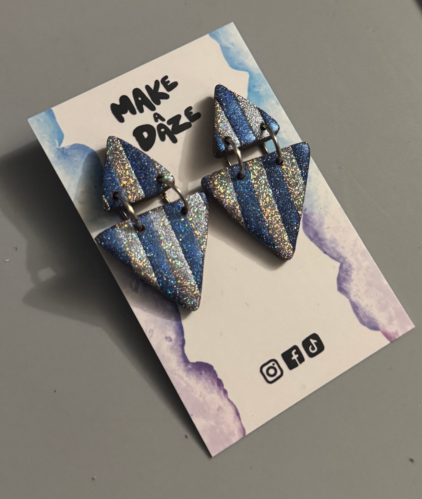 Blue and Silver Sparkle Glitter triangle dangle Earrings