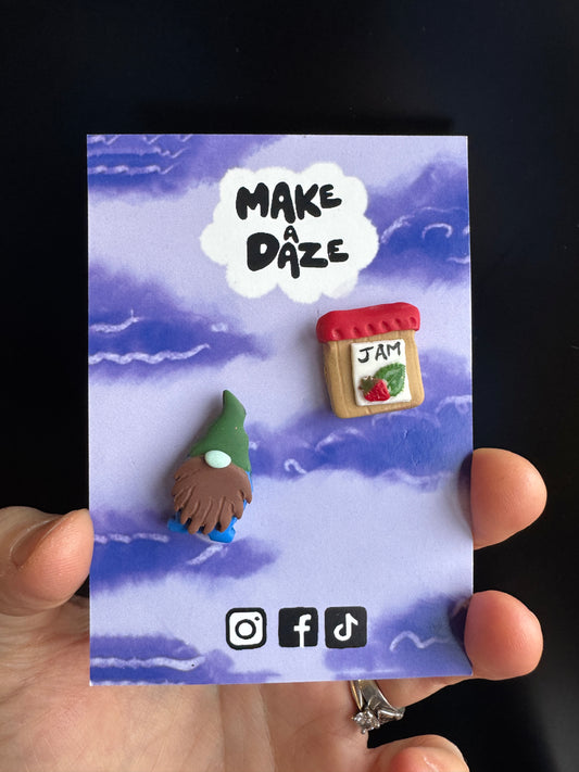 Polymer Clay Double Pack Pin Badge Set - Gnome and Jam Jar