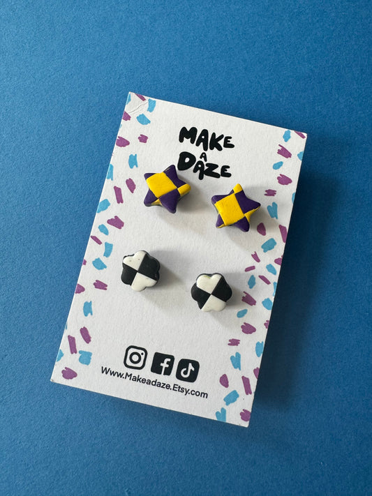 Stud Earring Twin Pack: Star and Flower Checkerboard Set