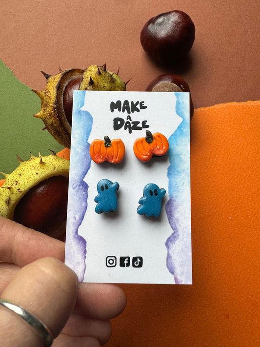 Blue Ghost and pumpkin studs Earring set