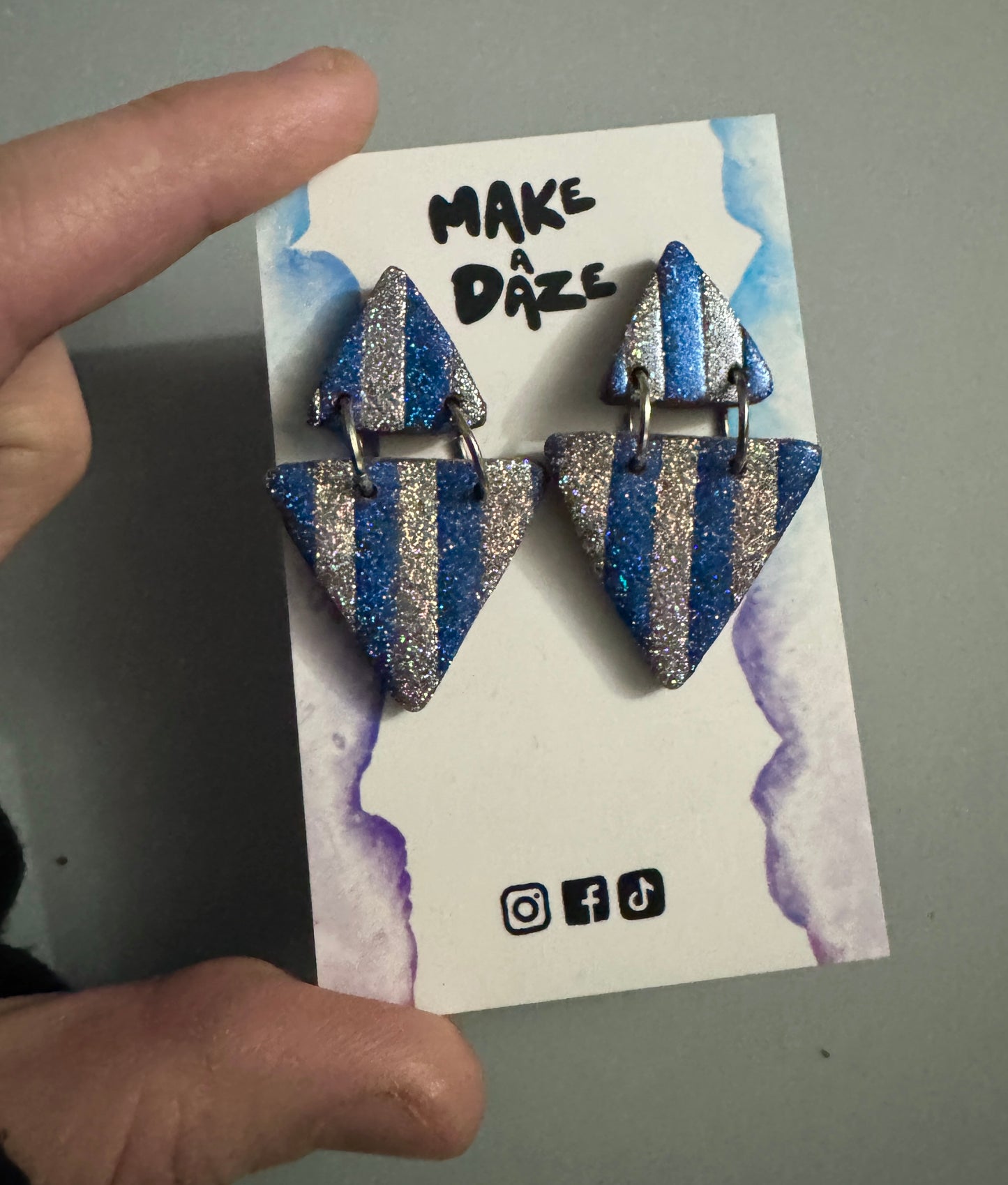 Blue and Silver Sparkle Glitter triangle dangle Earrings