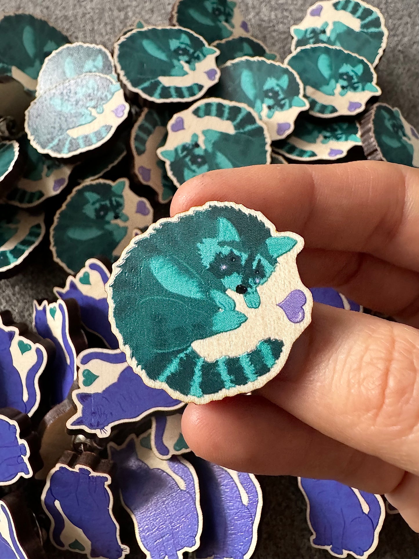 Teal Raccoon Wooden Illustrated Pin