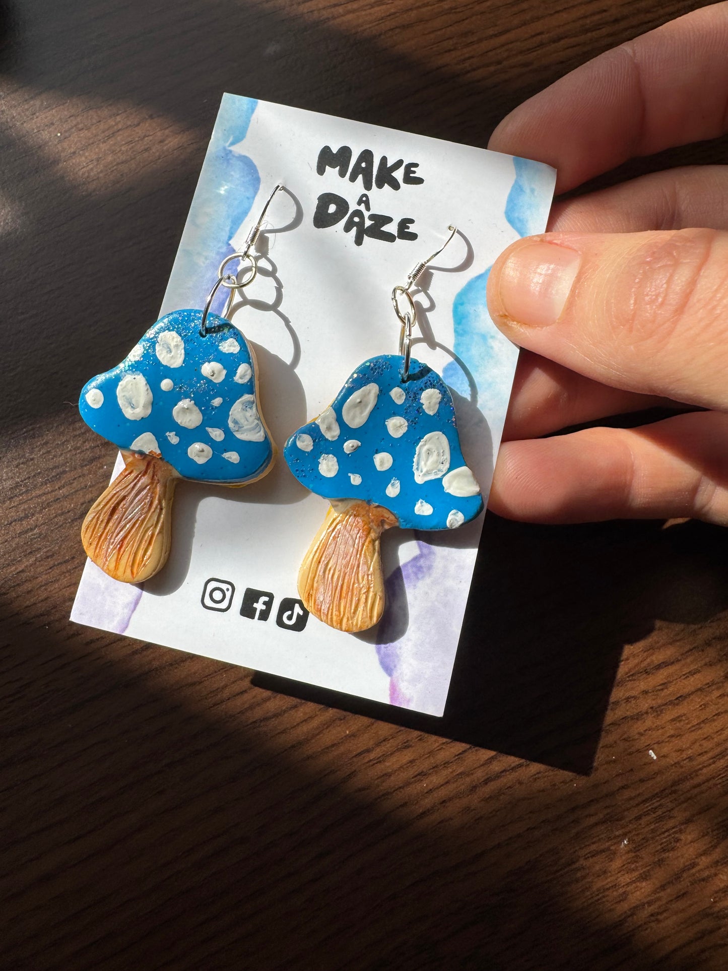 Blue Toadstool Hand Painted Sparkle Mushroom Earrings