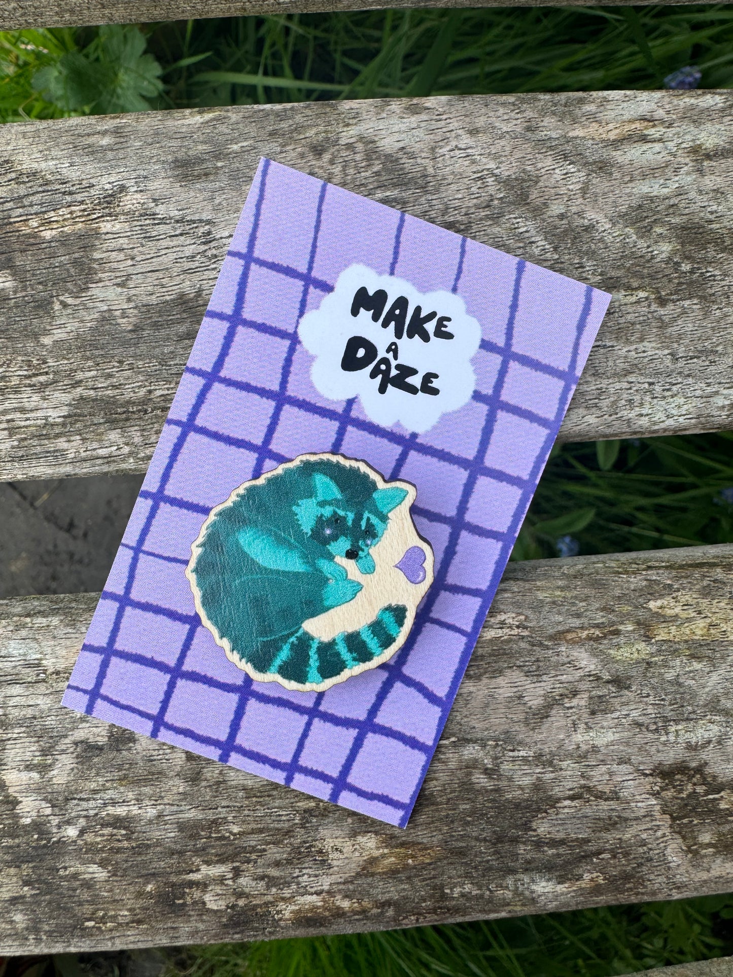 Teal Raccoon Wooden Illustrated Pin