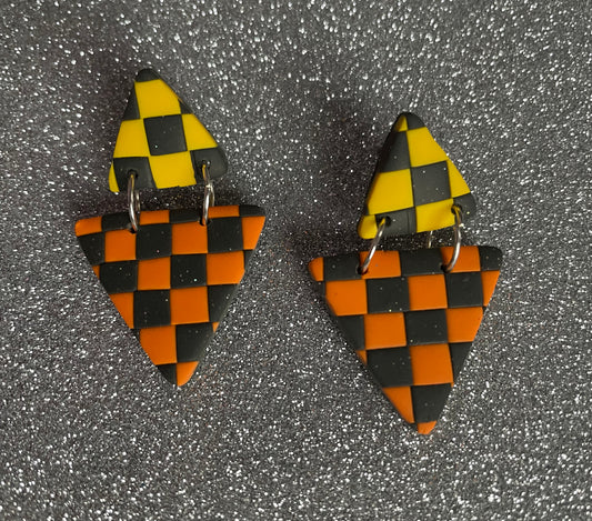 Autumnal triangle checkerboard orange and yellow Earrings