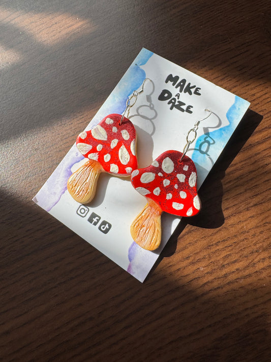 Red Toadstool Hand Painted Sparkle Mushroom Earrings