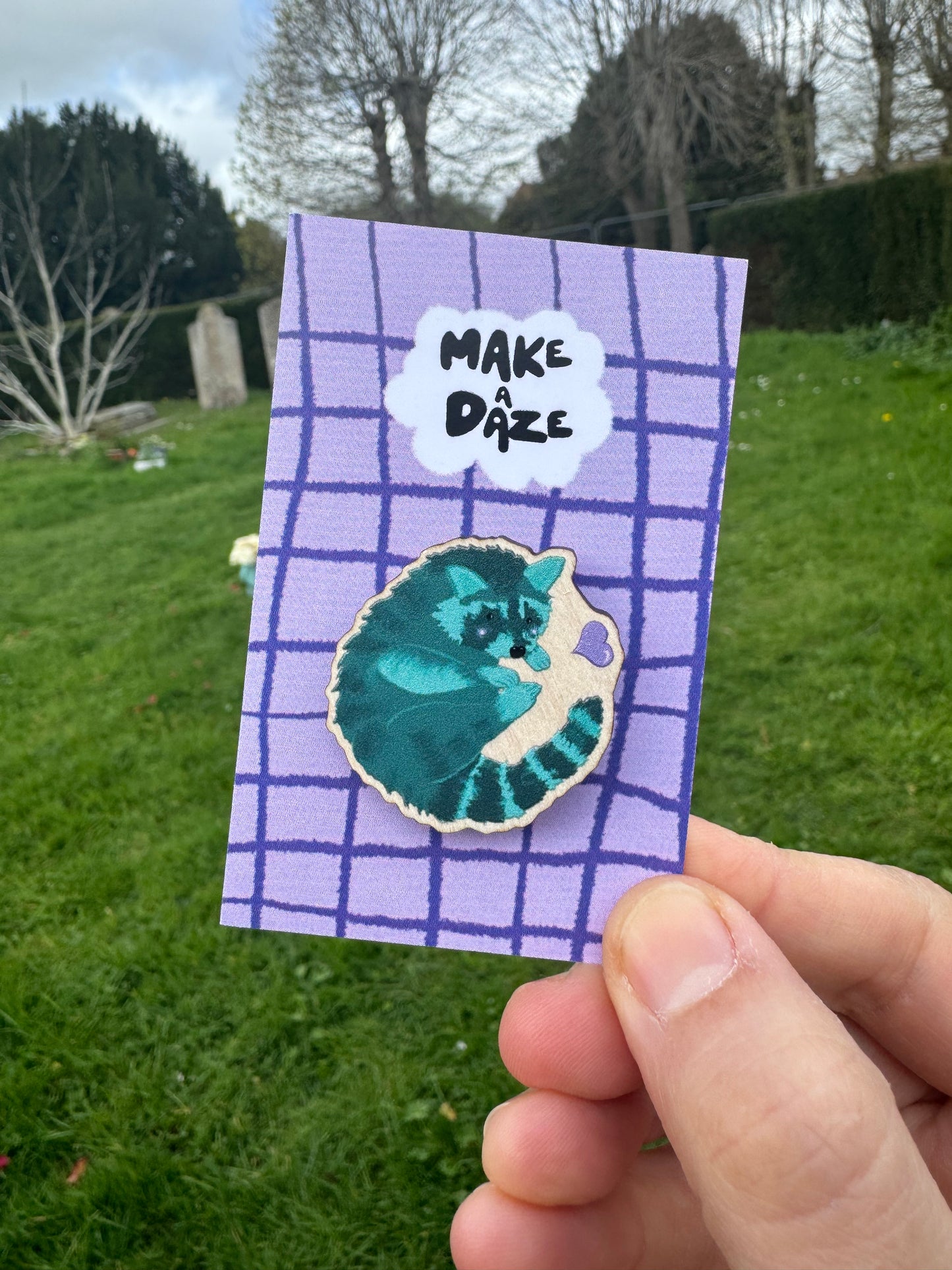 Teal Raccoon Wooden Illustrated Pin