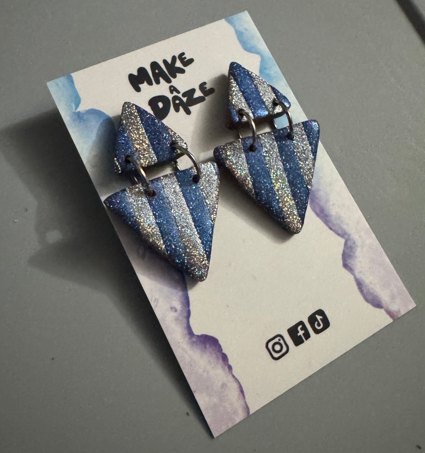 Blue and Silver Sparkle Glitter triangle dangle Earrings