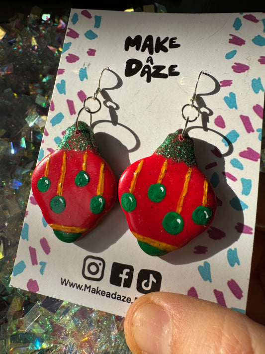 Red and Green Bauble Christmas Hand-painted Earrings