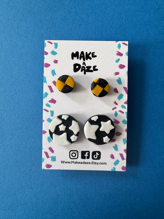 Stud pack set of 2: Checkboard and Monochrome Star Circle Studs