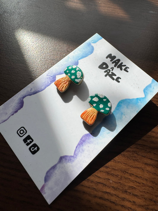 Mini Hand painted Green Teal Mushroom Stud Sets